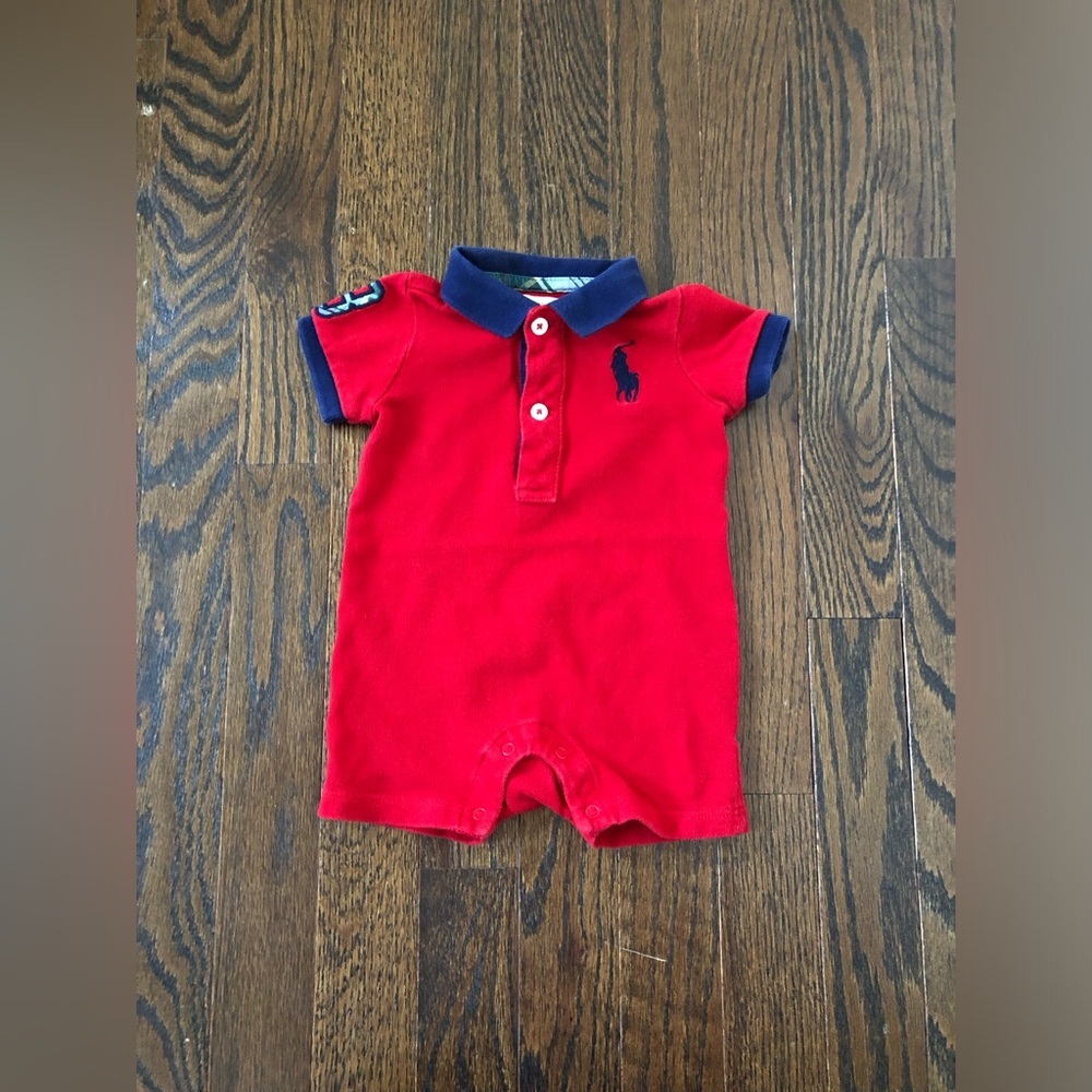Ralph Lauren Boys 3M Red/Blue Polo Collared Short-Sleeved Romper w/Embroidery - Picture 1 of 10